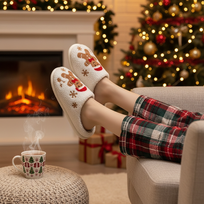 Women's Christmas Slippers Adorable Indoor Festival Gingerbread Man Embroidery Couple Fashion Winter Holiday Christmas Shoes
