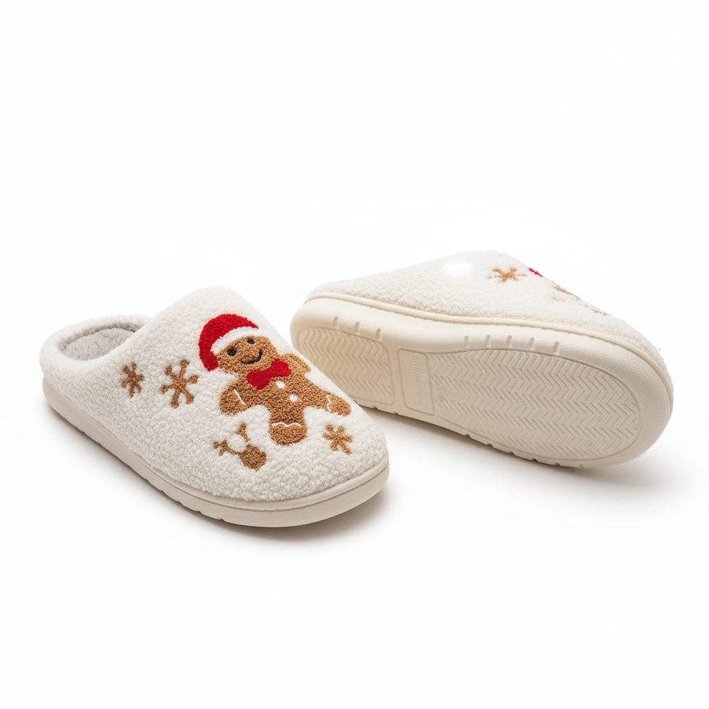 Women's Christmas Slippers Adorable Indoor Festival Gingerbread Man Embroidery Couple Fashion Winter Holiday Christmas Shoes