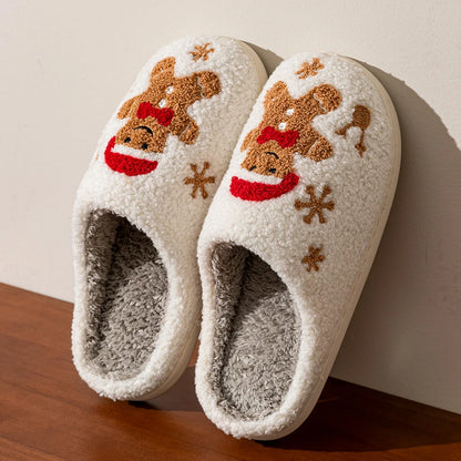 Women's Christmas Slippers Adorable Indoor Festival Gingerbread Man Embroidery Couple Fashion Winter Holiday Christmas Shoes