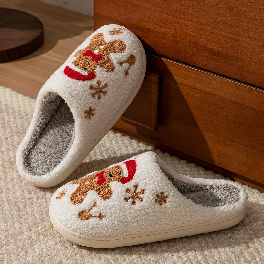 Women's Christmas Slippers Adorable Indoor Festival Gingerbread Man Embroidery Couple Fashion Winter Holiday Christmas Shoes