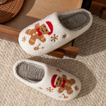 Women's Christmas Slippers Adorable Indoor Festival Gingerbread Man Embroidery Couple Fashion Winter Holiday Christmas Shoes