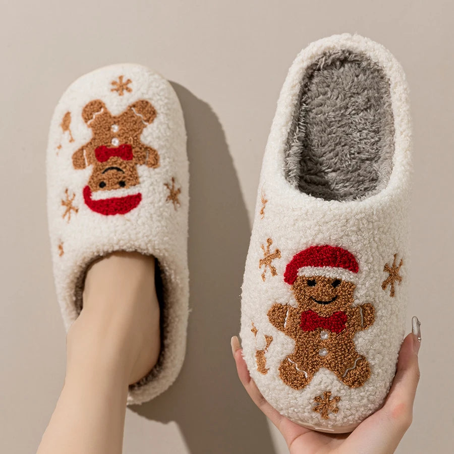 Women's Christmas Slippers Adorable Indoor Festival Gingerbread Man Embroidery Couple Fashion Winter Holiday Christmas Shoes